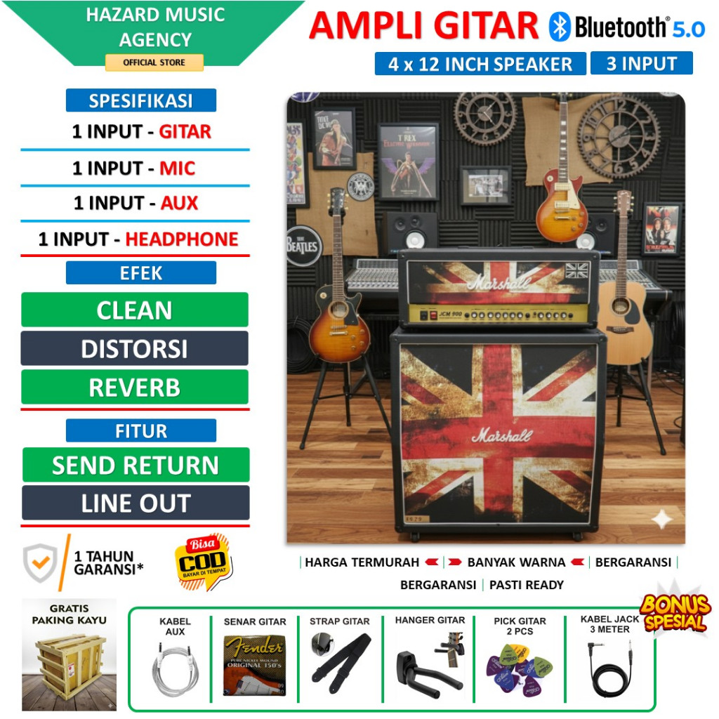 Ampli Gitar & Bass 4x12 Inch Bluetooth Marshall bisa untuk karaoke 3 Input Head Cabinet