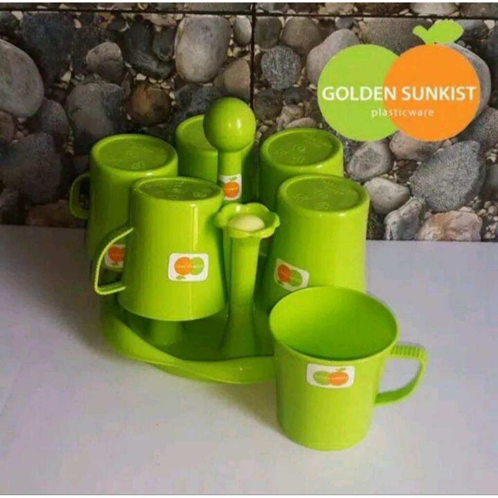 Stand Glass Set Goldent Sunkist Plastik/Tempat Gelas+Gelas Tangkai 6pcs Set Hijau