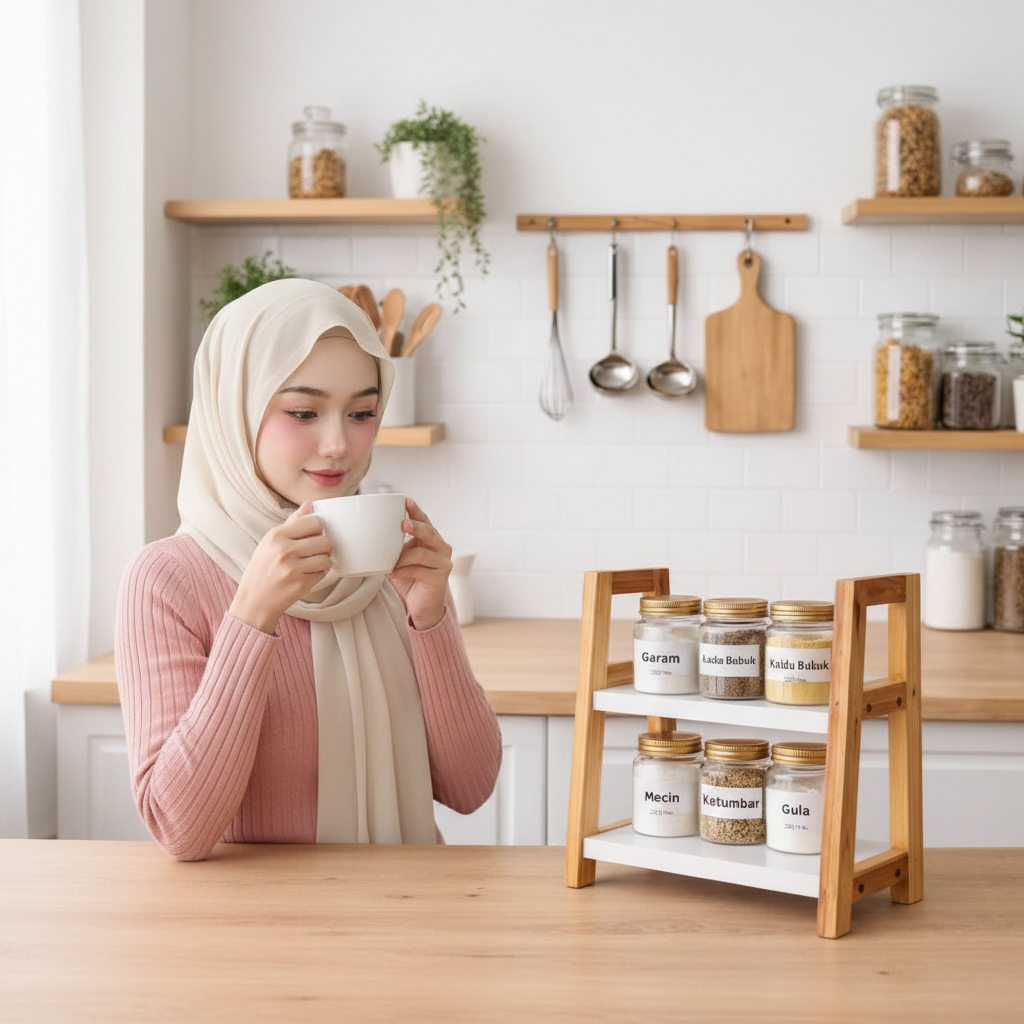 Rak Bumbu Dapur Kayu 2 Susun Minimalis Aesthetic - Rak Meja Serbaguna