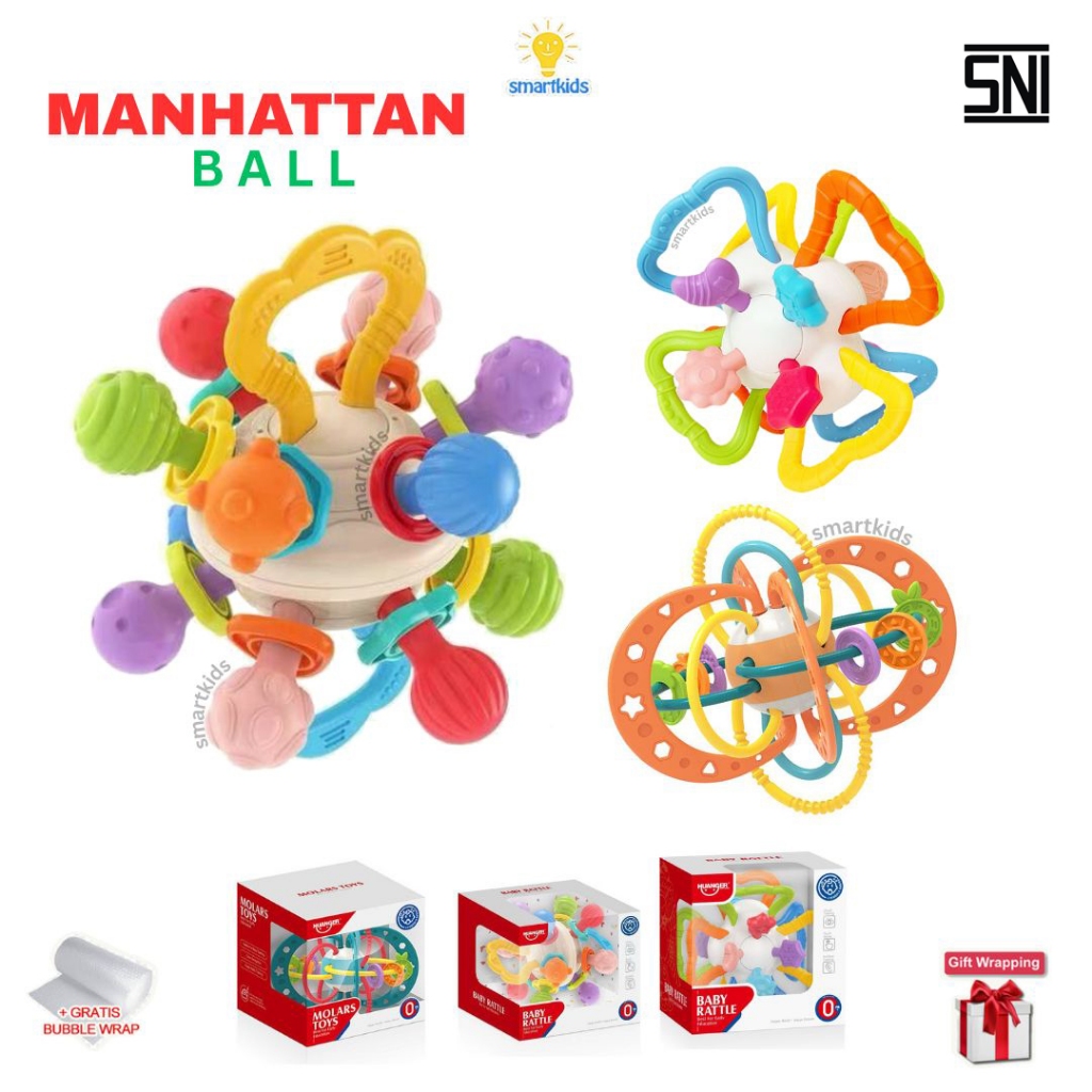 Mainan Bayi Manhattan Teether Rattle Bola Kerincingan Gigitan Silikon Halus BPA Free Motorik Sensori