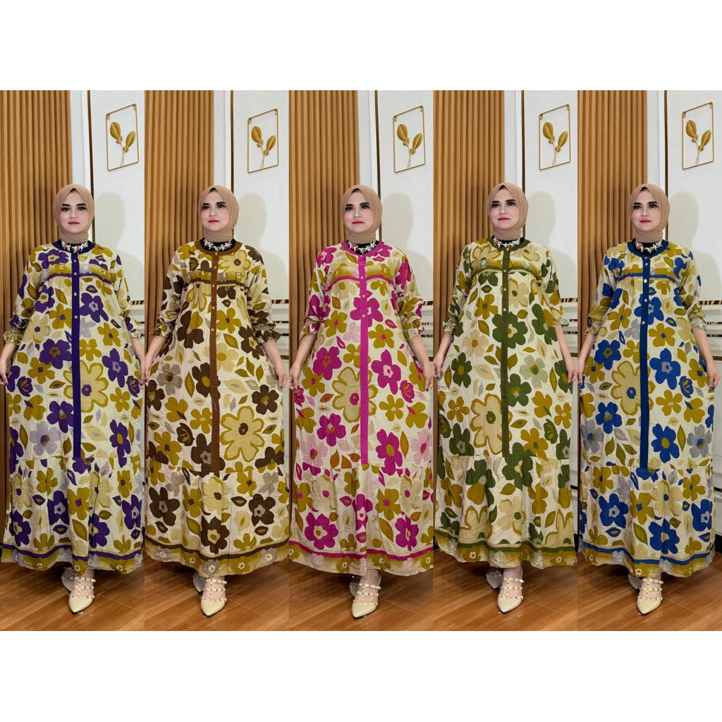 Nagita Dress Jumbo Ld 120 Rayon Motif Terbaru Gamis Motif Kekinian Lengan balon