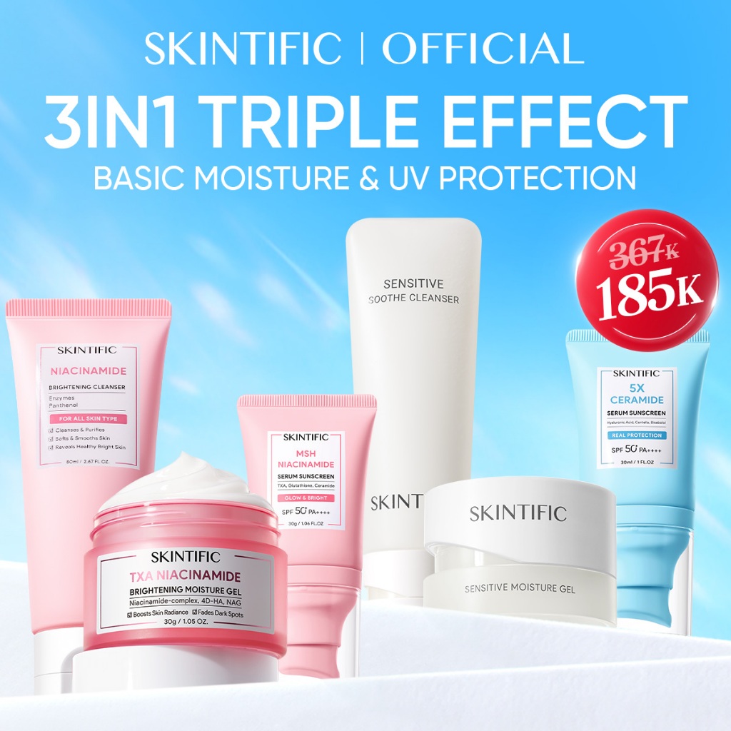 SKINTIFIC - 3PCS Paket Bundle Set | Cleanser + Moisturizer + Sunscreen | SPF 50 PA++++ Brightening G