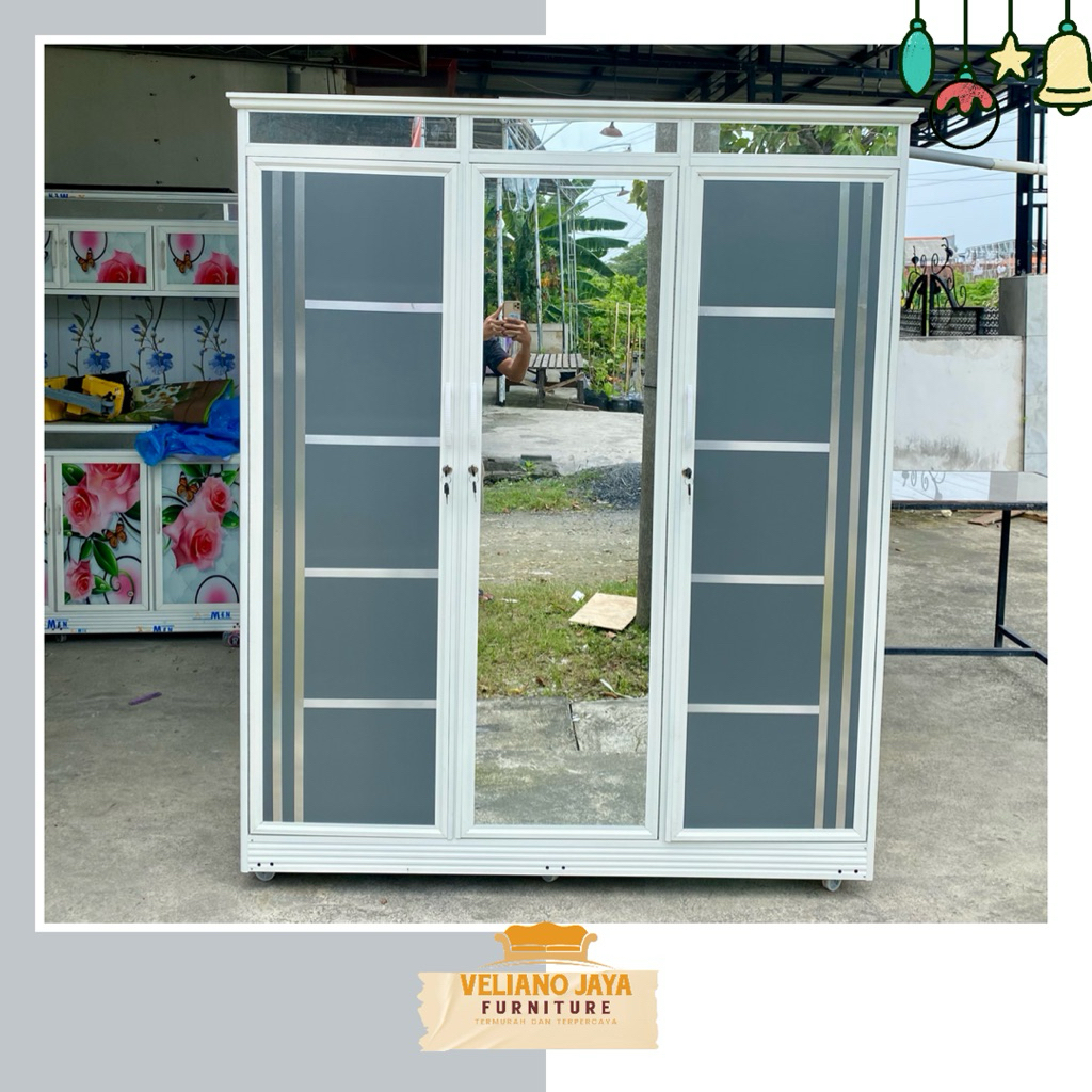 Lemari 3 Pintu + 1 Laci Bahan Alumunium & Kaca // Lemari Pakaian 3 Pintu Alumunium
