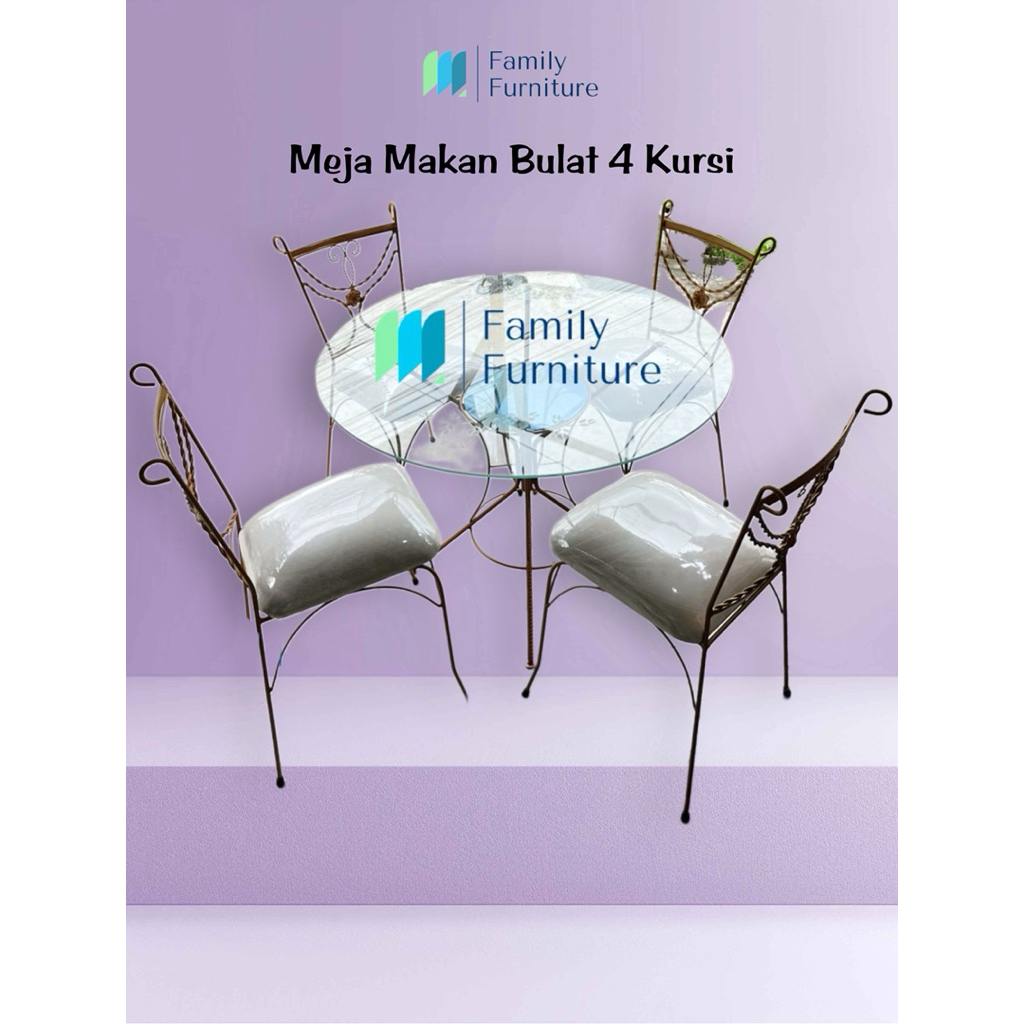Meja Makan 4 Kursi Bulat Kaca Kaki Besi Kokoh