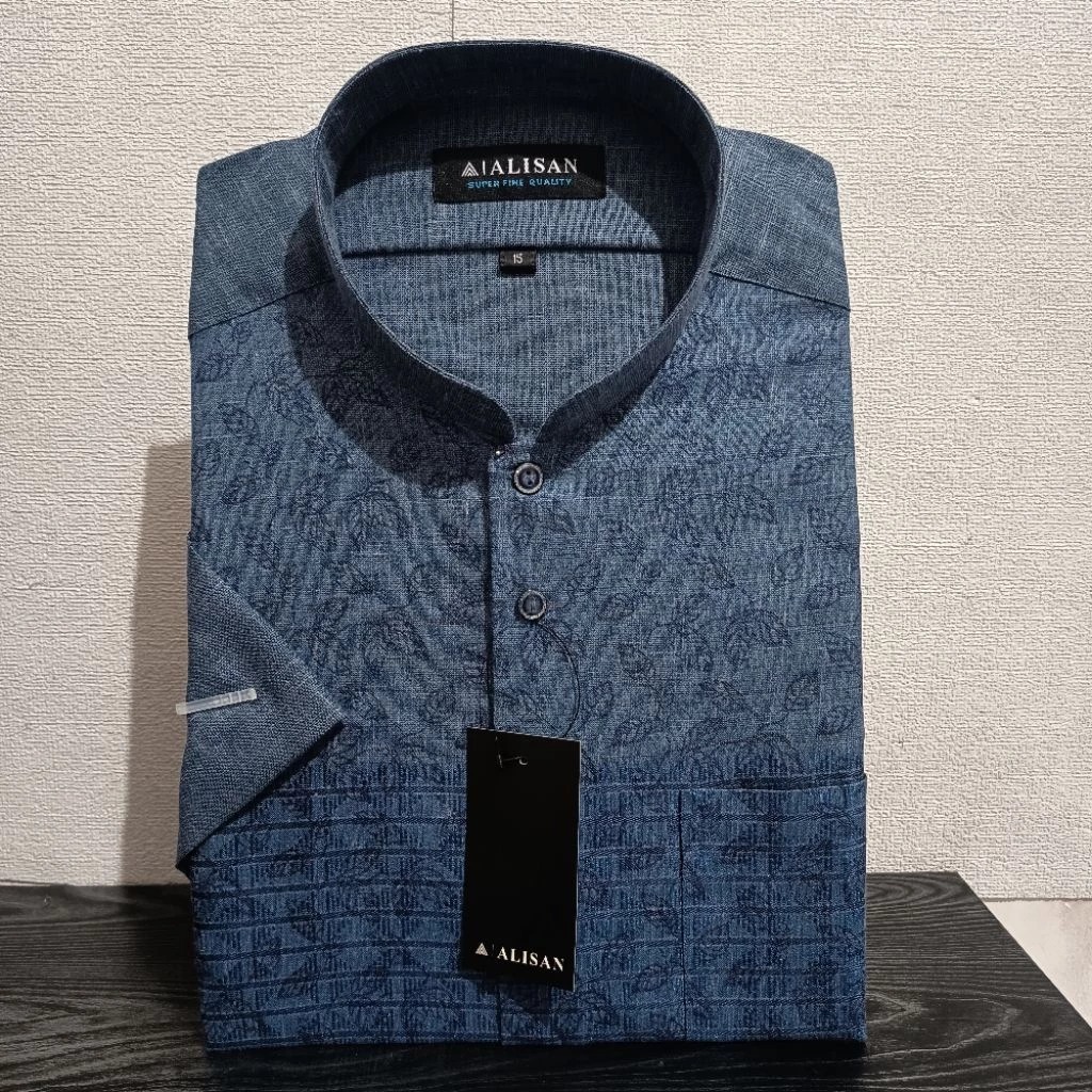 Promo Ramadhan LENGAN PENDEK REGULER ALISAN Koko Fashion 00373 Motif Daun Hitam/Biru