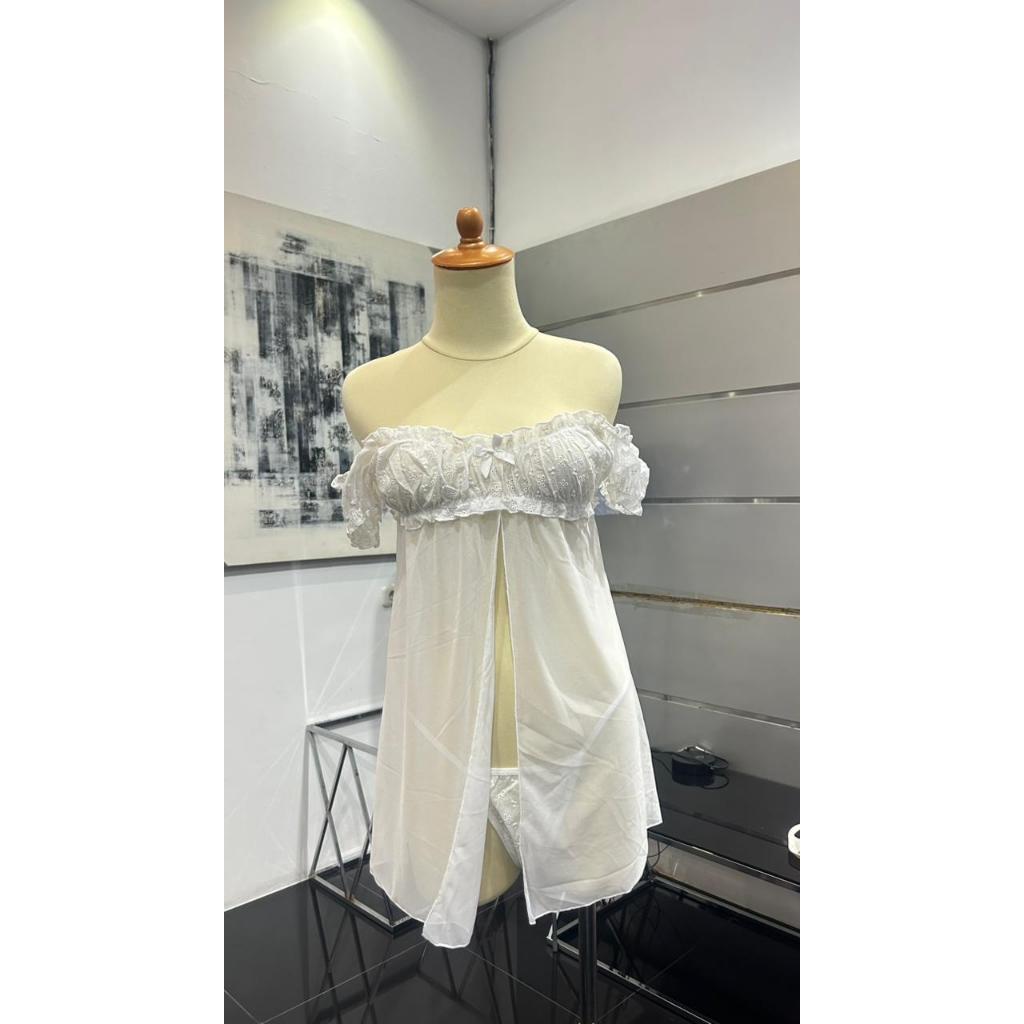 Gaun Tidur Renda Tile Premium Ringan Babydoll Putih Lengan Karet Puff Manis 72212 white