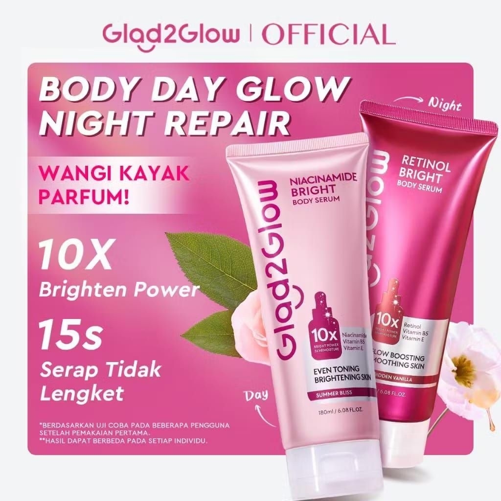 Glad2Glow Retinol/Niacinamide Bright Body Serum Body Lotion 10X Cerah Instant Absorb Whiten Tone Up 