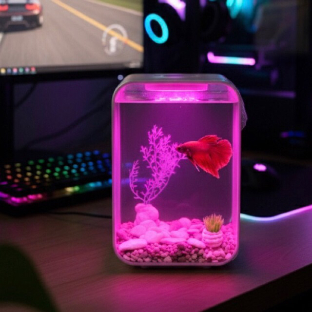 Aquarium unik dengan Lampu Pink Aquarium Aesthetic/Akuarium mini/Akuarium Cupang