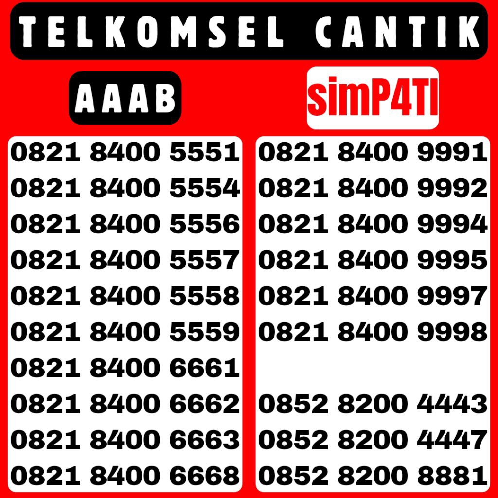 KARTU PERDANA NOMOR CANTIK TELKOMSEL SERI AAAB || 0821 8400 AAAB || 0852 8200 AAAB || 0812 5223 AAAB