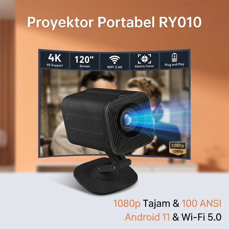 Proyektor Portabel Full HD 1280x1080p 180ANSI Bluetooth5.0 WiFi 2.4+5G Android11 30kJam Lampu Speake