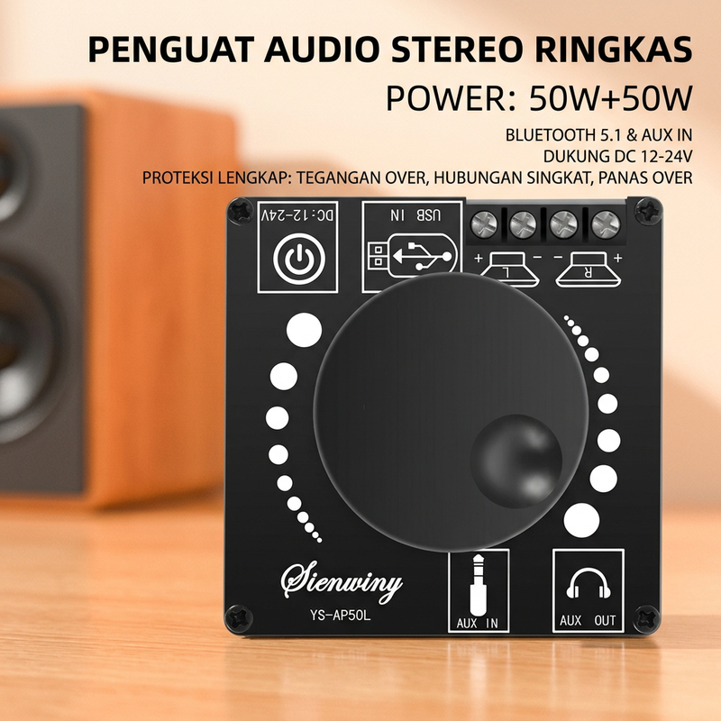 Amplifier Stereo Digital Bluetooth 51 50W 50W Mini Modul Audio AUX DC 12 24V untuk Speaker 4 8 16 Oh