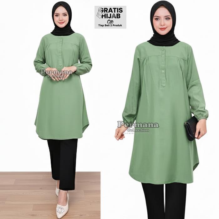 Baju Atasan Tunik Wanita Kemeja Lengan Panjang Cream Tua Jumbo Dewasa