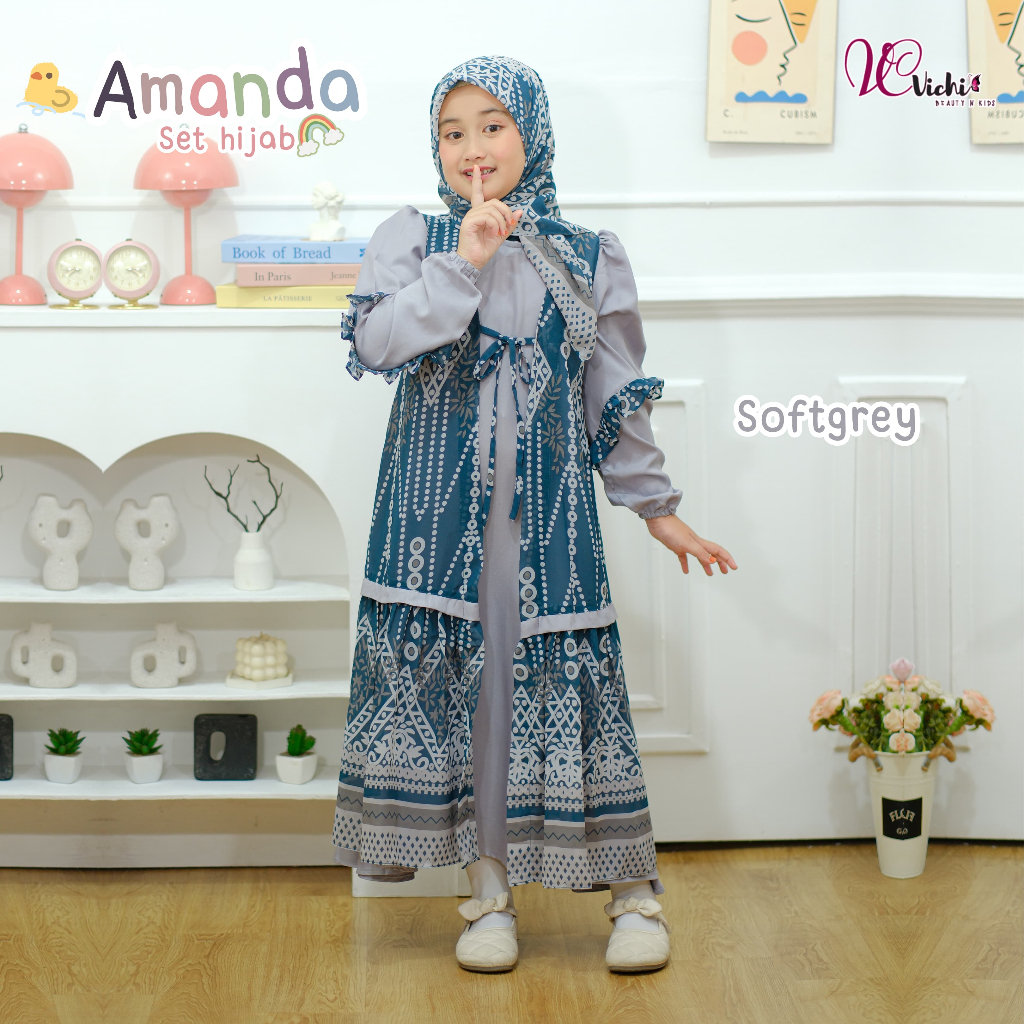 AMANDA SET HIJAB ORIGINAL VICHI Series Set Muslimah Ceruty Mix Shakila Premium Cantik Girl Family Se