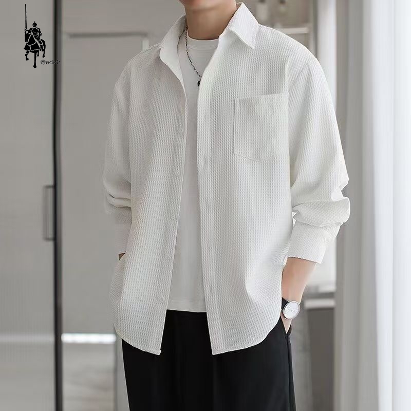 Medivh Kemeja Kotak-Kotak Berkualitas Cowok Lengan Panjang Pria Pocket Long Sleeve Solid Kemeja Oute