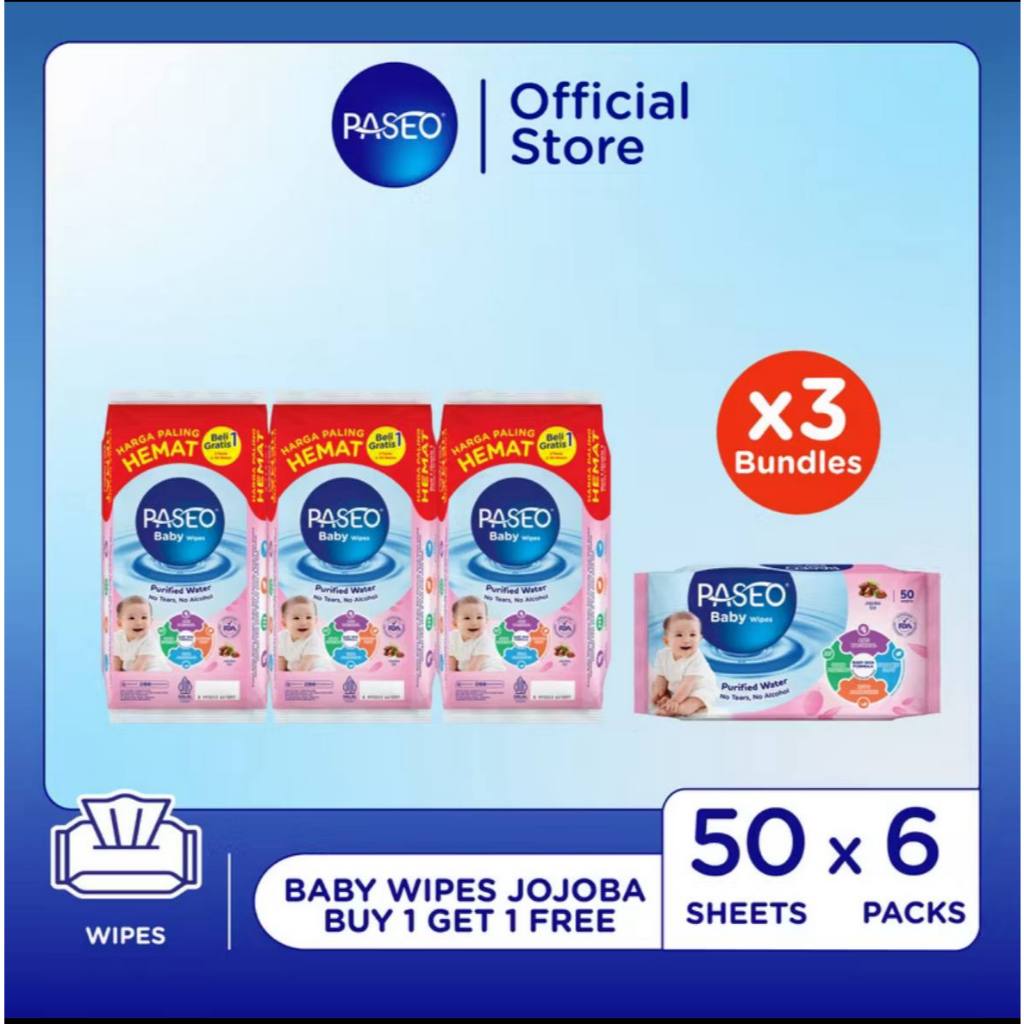 6 Pcs Paseo Baby Wipes - Tissue Basah bayi 3 pack ( isi 6 ) Bayi Diaper JOJOBA