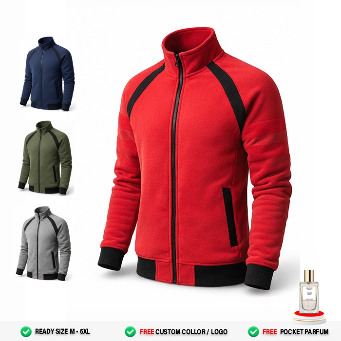 Jaket Sport Pria Wanita Tracktop Training Polos Premium Fleece Tebal Raglan Zipper Full Merah hitam 