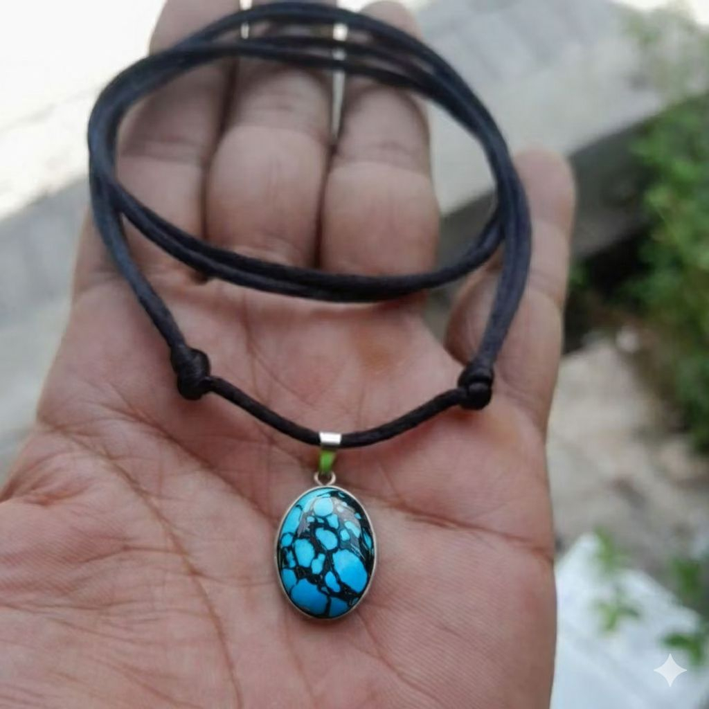 kalung liontin batu akik pirus persia biru fancy ceplok kuro tali hitam halus