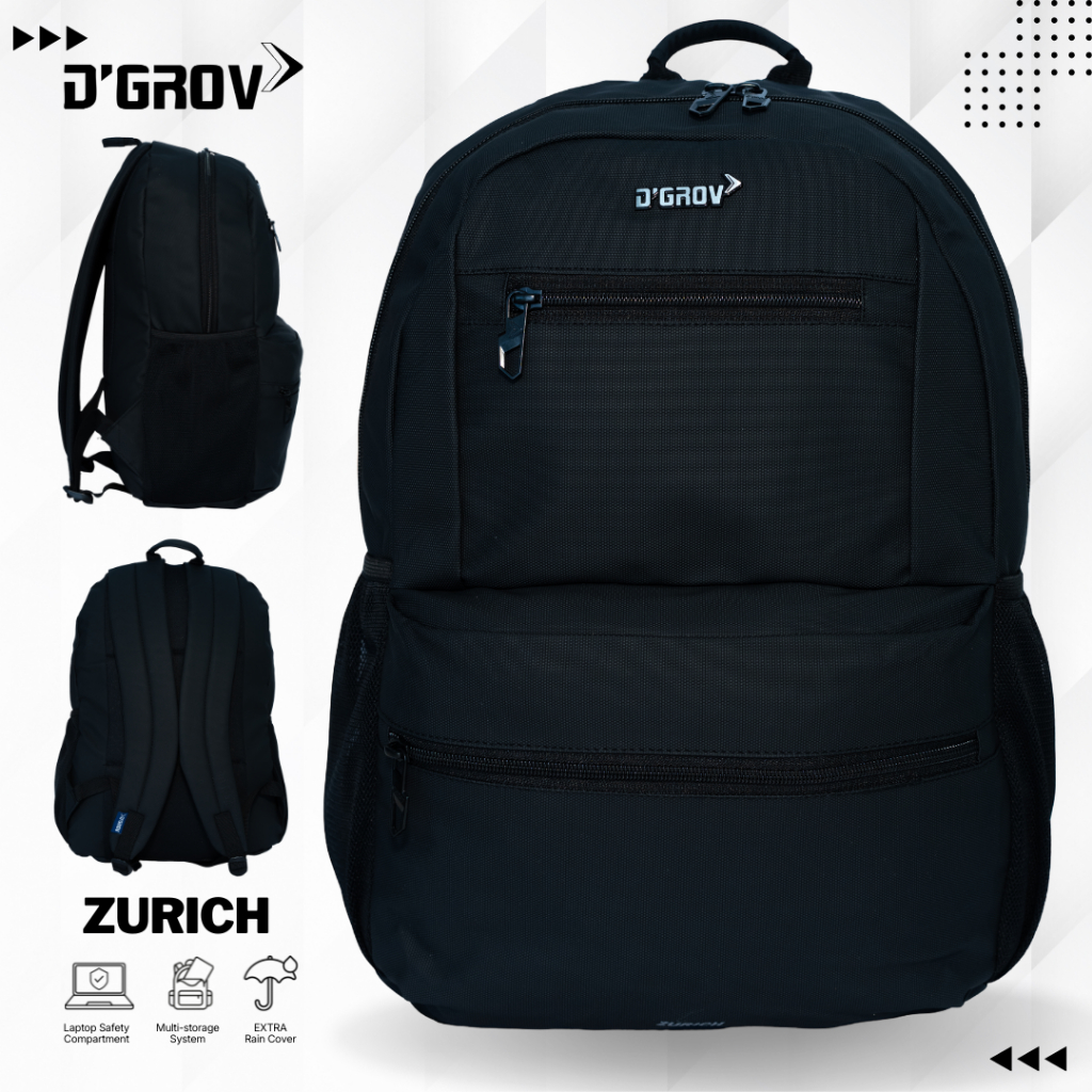 D'GROV ZURICH Tas Backpack Pria Waterproof Tas Sekolah Kerja Black Anti Air High Quality