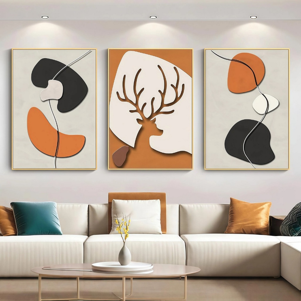 (40×60CM)Lukisan 3 Panel Nordic Kuda Rusa Mewah - Dekorasi Dinding Sofa Minimalis Elegan