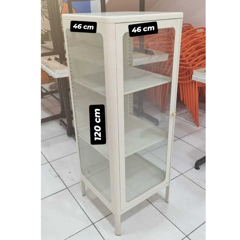 Preloved Lemari Arsip Rak Buku Kebinet Pajangan Besi Kaca Metal Kokoh Serbaguna Putih Ukuran 46 x 46