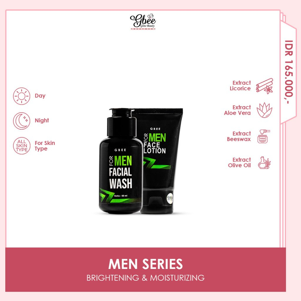 Gbee Glow Beauty Paket Skincare Pria Original – Paket For Men Perawatan Wajah, Membersihkan, Mengont