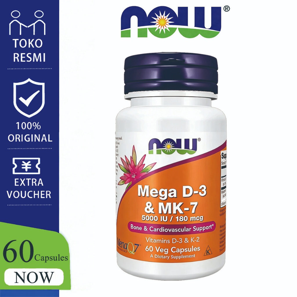 NOW Suplemen Vitamin Mega D3 D 3 dan MK7 MK 7 5000iu 180mcg 60 Capsules - D3 5000 IU + K2