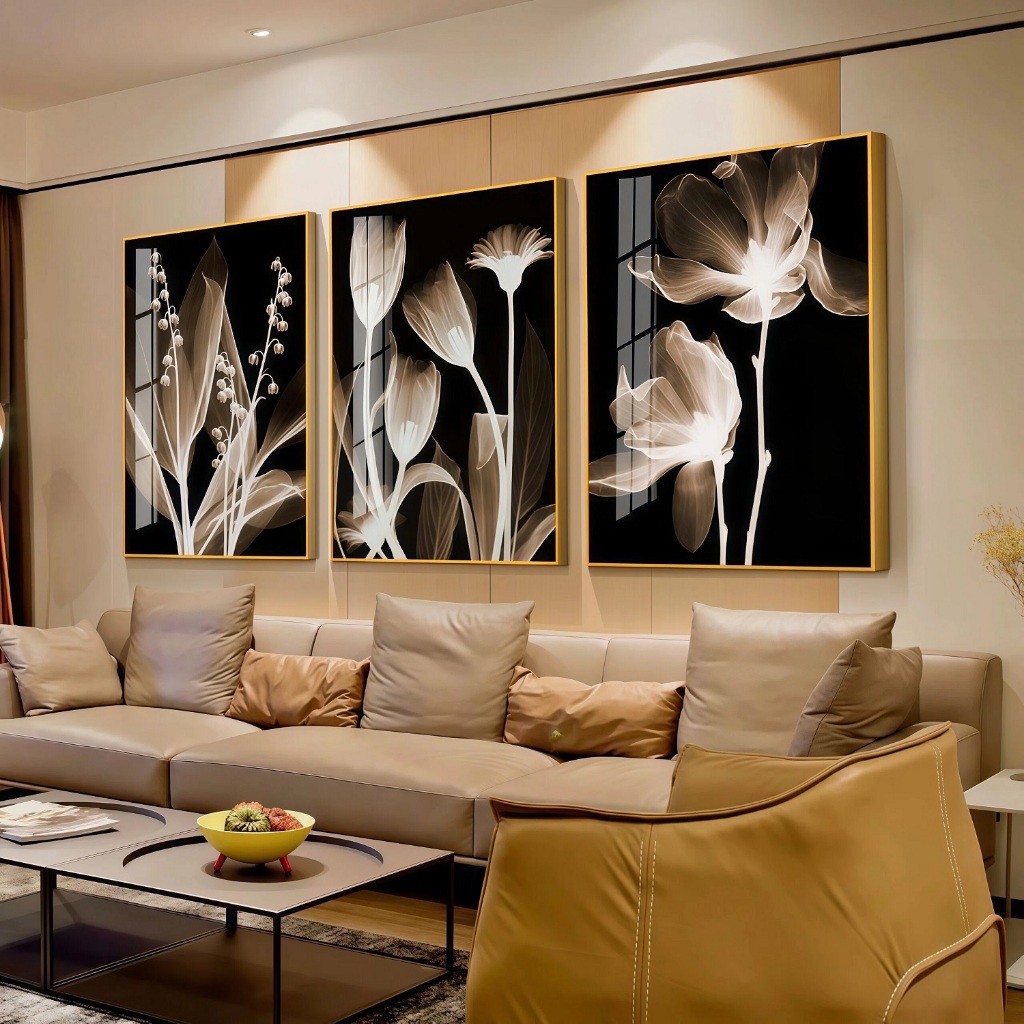 Hiasan Dinding 3 Panel Kristal Keramik - Bunga Abstrak Mewah untuk Sofa Ruang Tamu