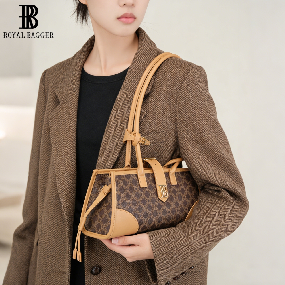 Royal Bagger Tas Bahu Wanita, dari Kanvas Lapis & Kulit Sapi Samak Nabati, Tote Retro Berkapasitas B