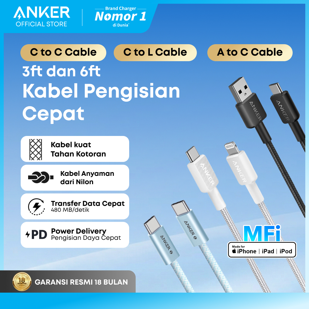 Anker Kabel Data MFi iPhone X 11 12 13 14 15 16 PD USB A Type C to C and Lightning Fast Charging 15W