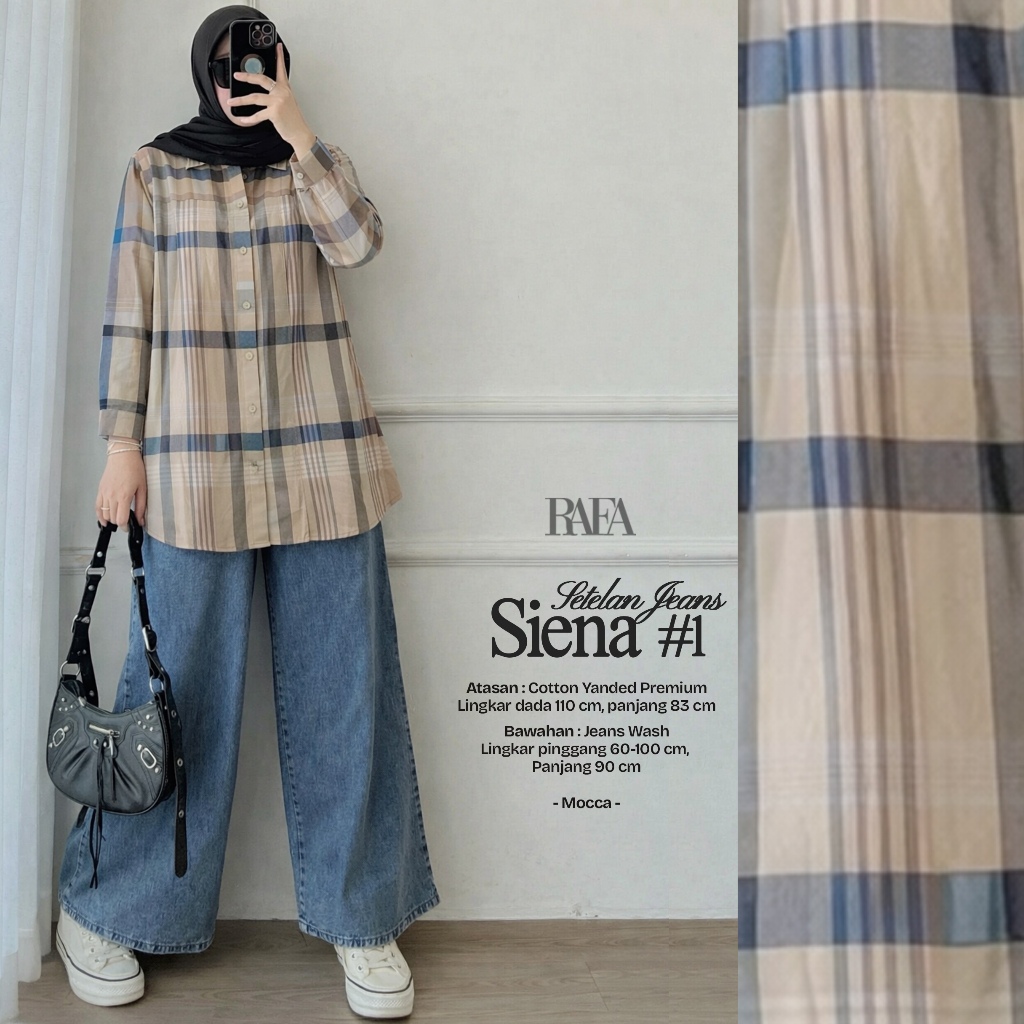 Setelan Kemeja Wanita Sinea Set Bahan Katun Motif Kotak Celana Jeans Ukuran Jumbo LD 110 cm