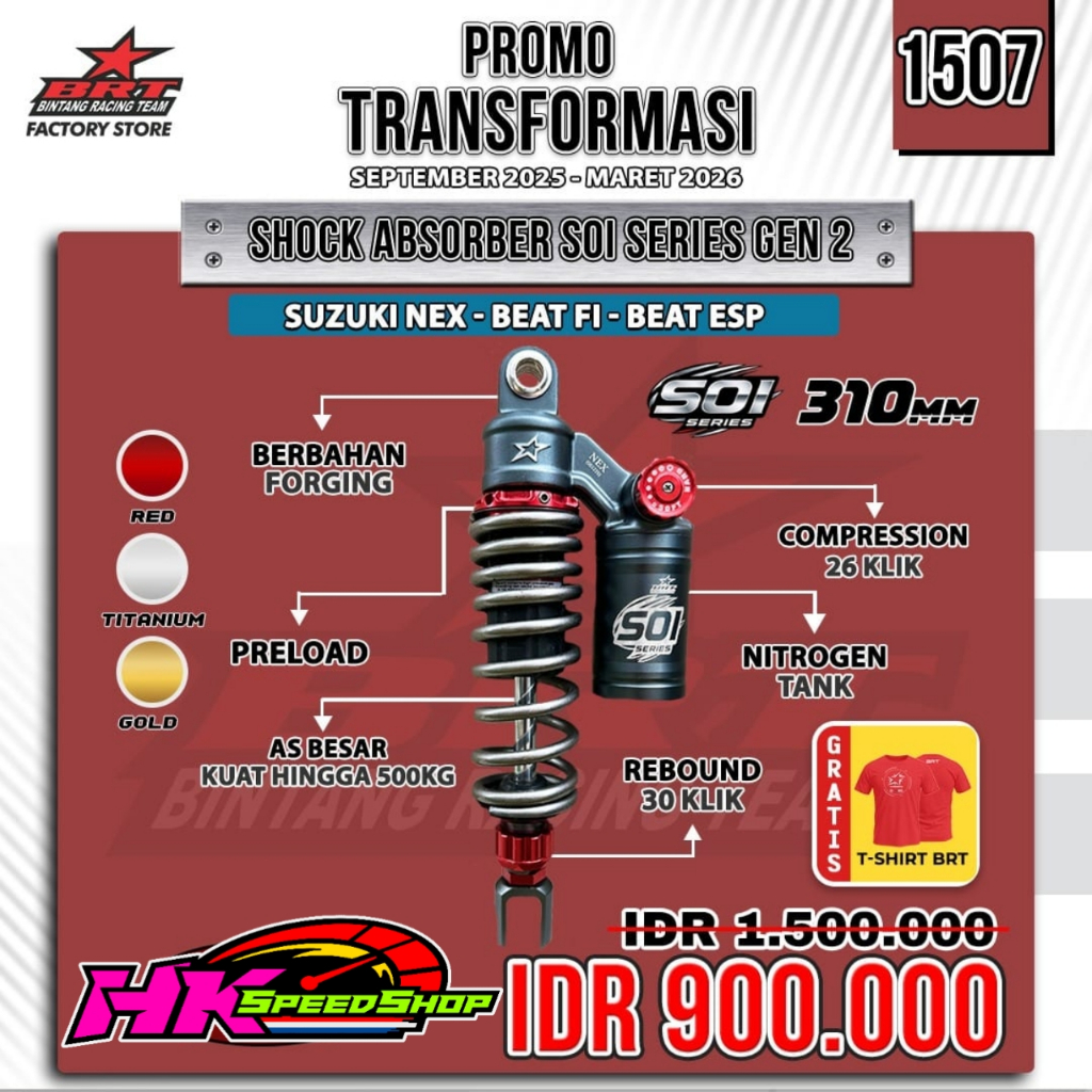SHOCKBREAKER BRT SHOCK SKOK ABSORBER SOI BRT BELAKANG GEN 2 BRT 310MM BEAT FI / BEAT ESP / BEAT STRE