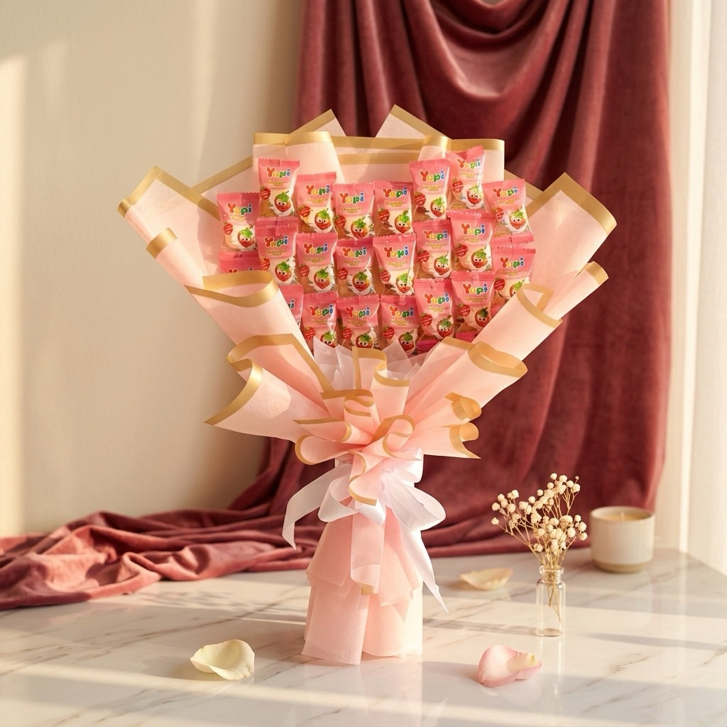 Buket/Bouquet/Bucket  Permen Yupi strawberry kiss love  pink Graduation/wisuda/sidang/ulang taun/ani