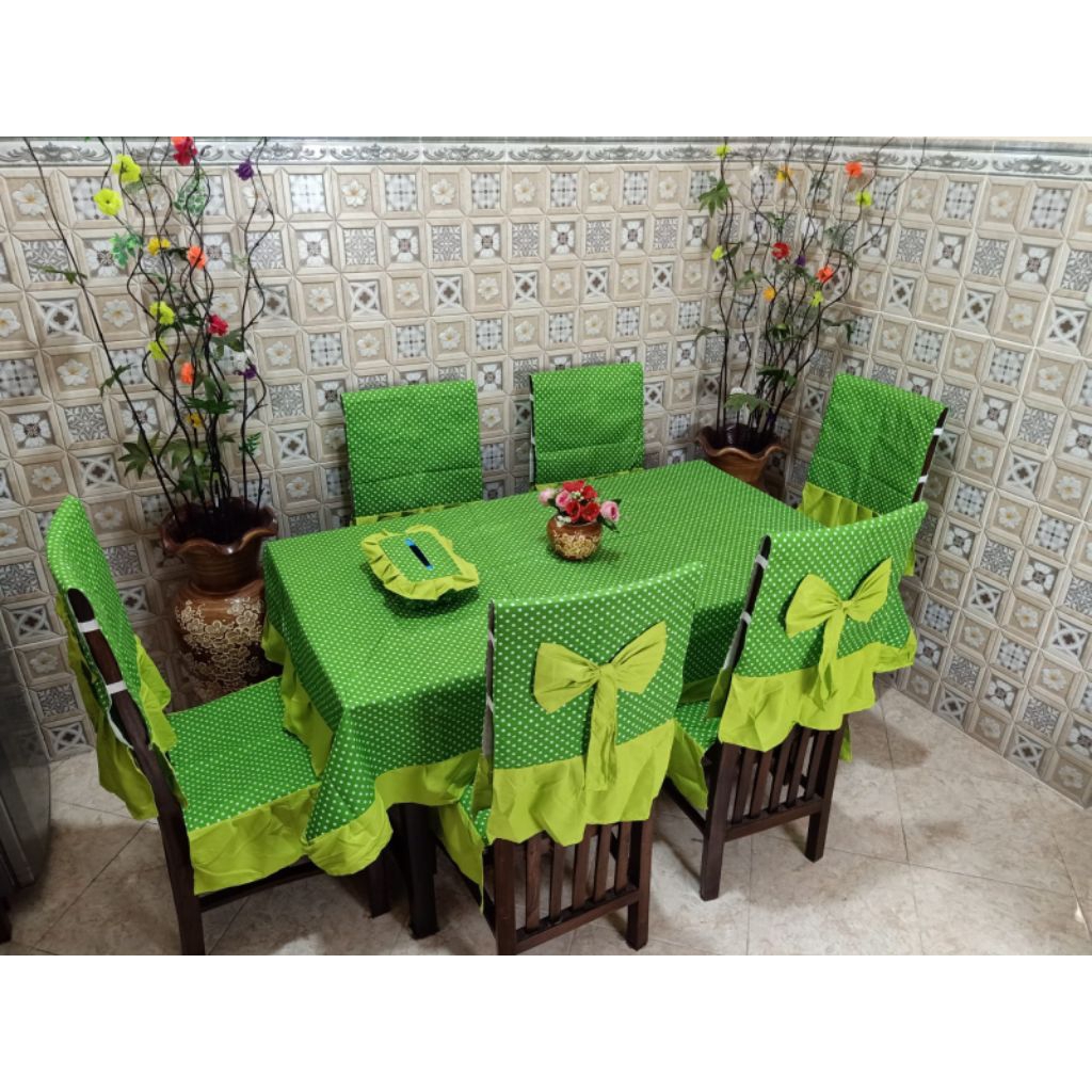 Sarung  Kursi Makan Cover Sandaran 6 set Taplak Meja Makan