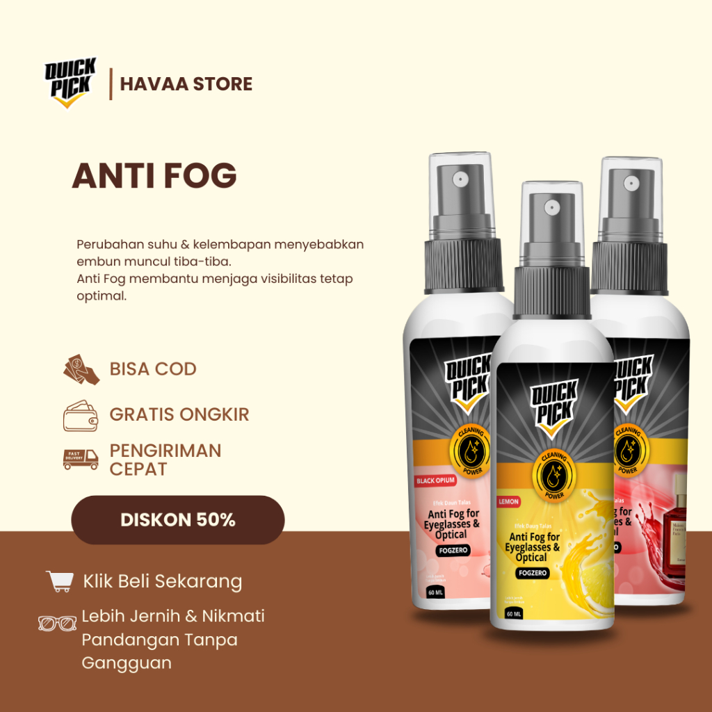 ANTI FOG SPRAY CLEANER QUICKPICK (FREE MICROFIBER) Anti Embun Uap Membuat Kaca Menjadi Tahan Air Efe