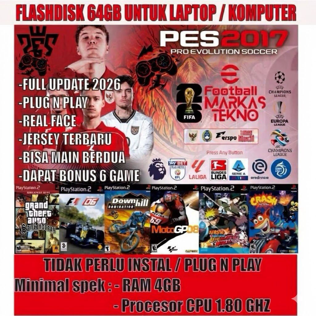 FLASHDISK GAME PES 2017 UPDATE 2026 BRI LIGA 1 & TIMNAS INDONESIA UNTUK PC DAN LAPTOP