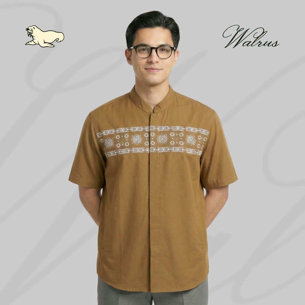 WALRUS Karim Geometric Baju Koko Pria Lengan Pendek Kemeja Muslim Kerah Mandarin Collar Mustard Brow