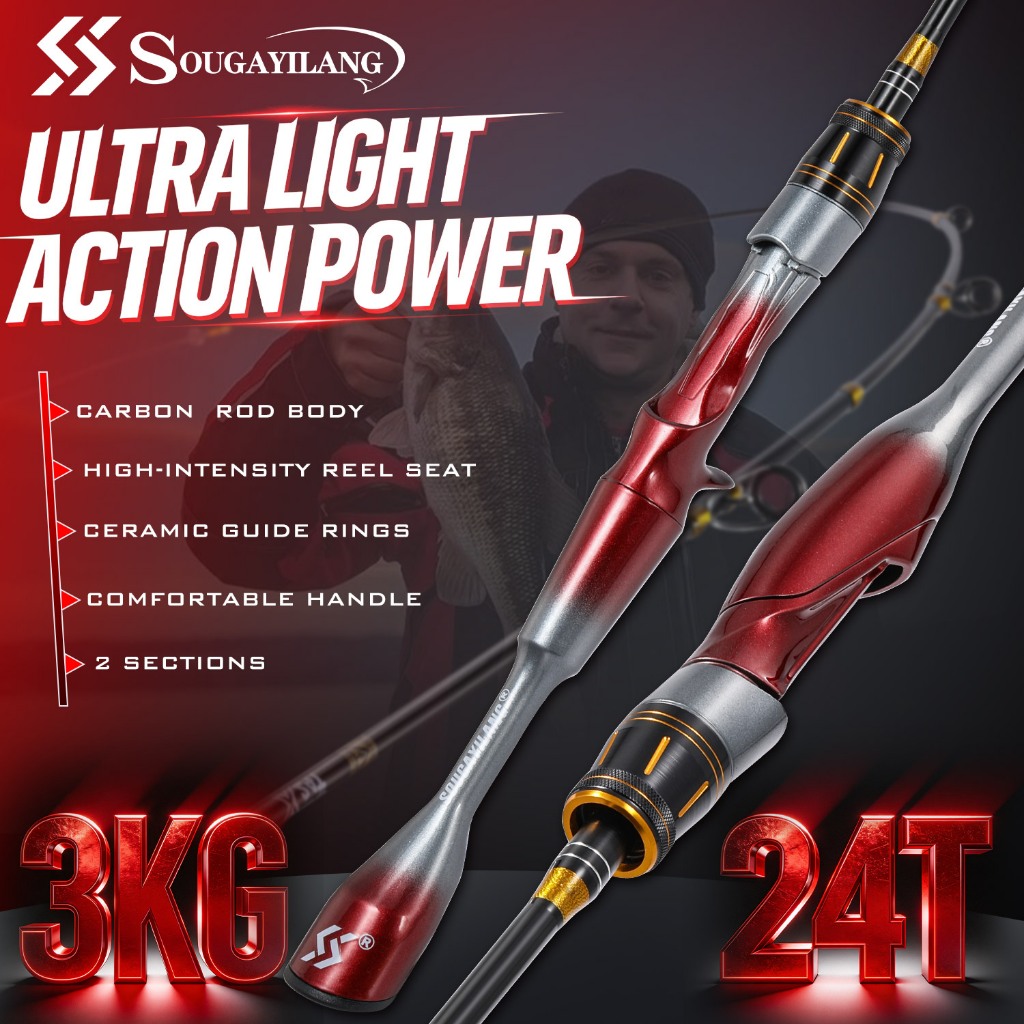 Sougayilang Joran Pancing 1.8M 24T Karbon Ultraringan | Ujung Solid Kuat 2 Bagian | Spinning/Casting