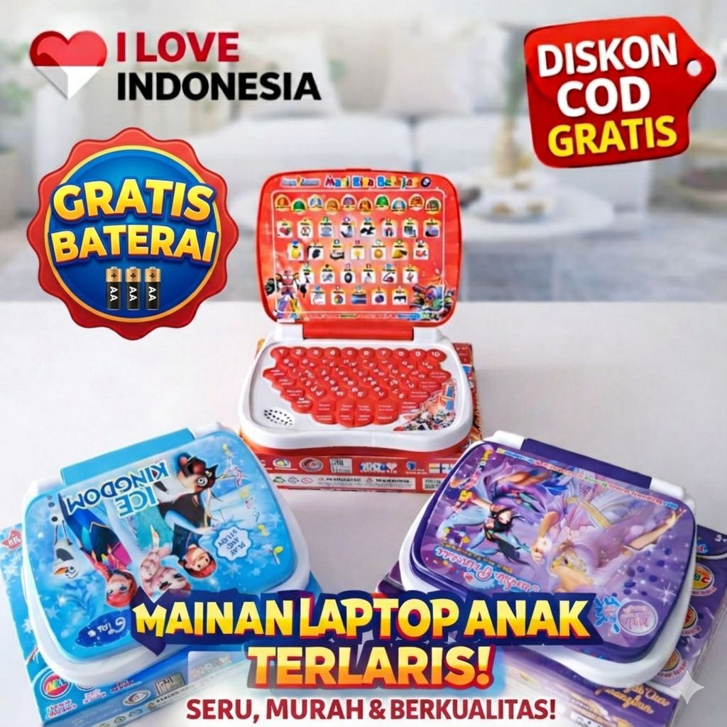 GRATIS BATERAI Mainan laptop anak belajar lengkap, mainan laptop anak, mainan laptop edukasi anak, m