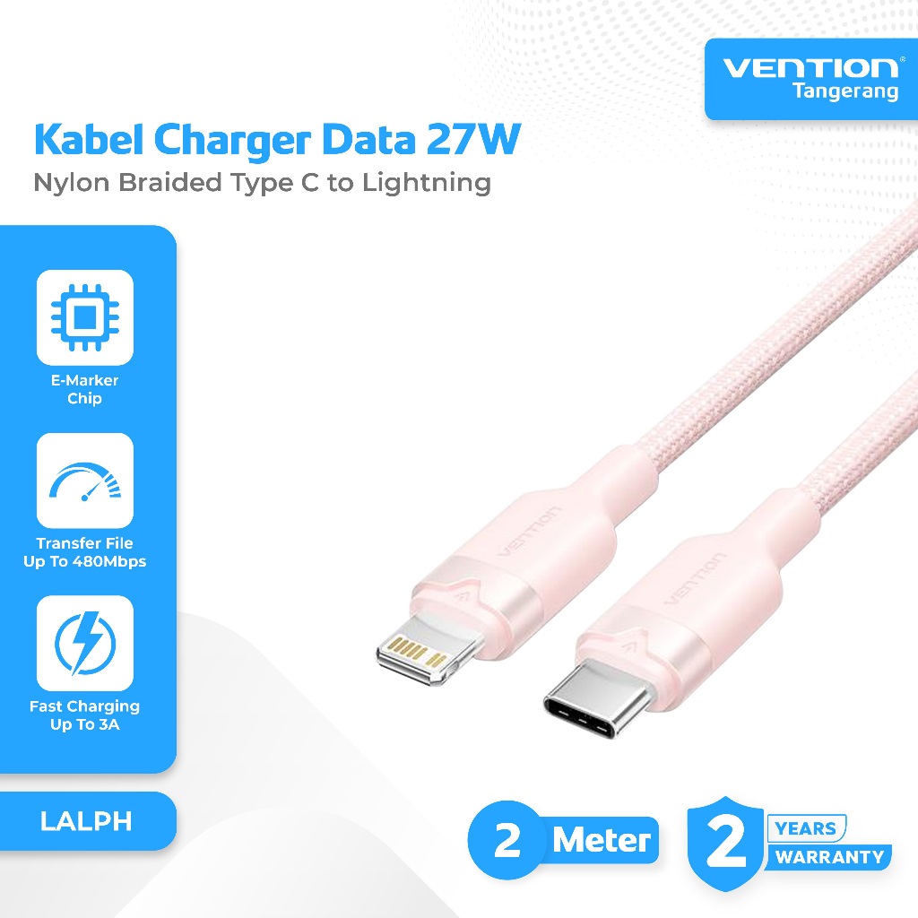 Vention Kabel Charger Data Type C to Lightning 3A Fast Charging 27W Charger Cable 2M 2 Meter Nylon B