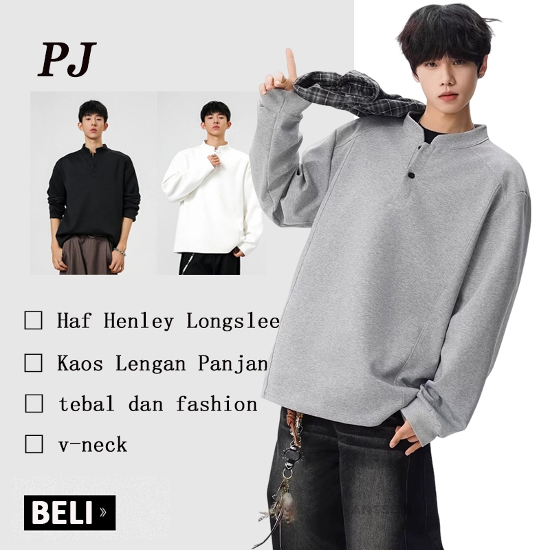 Kaos Henley Polos Lengan Panjang Atasan Kaos Kancing Pria Kaos Kancing Lengan Panjang Henley Panjang