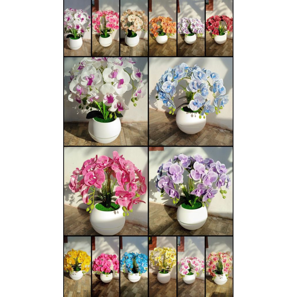 Anggrek Semi Latex Premium Murah + Vas / Pot Putih Bulat Besar | Bunga Plastik Imitasi | Bunga Meja 