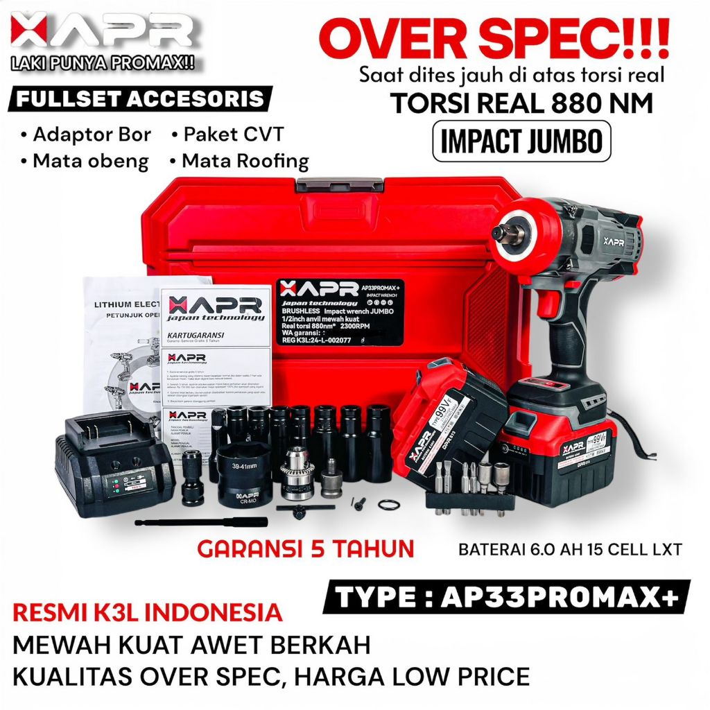 APR AP33 PROMAX Bor impact wrech jumbo 1850Nm garansi Resmi 5thn 1/2inc japan