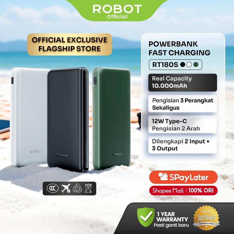 ROBOT Powerbank 3C / CCC 10000mAh Dual Input Output 12W Type-C Slim & Ringan 16mm Upgrade dari RT12 – Bisa Cas 3 Perangkat Sekaligus – Desain Elegan Anti Slip RT180S– Garansi Resmi 1 Tahun Original