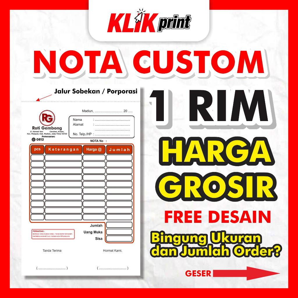 Nota 1 RIM isi 100 LEMBAR | Nota RIM | Cetak Nota 1 RIM FULL WARNA Free Desain