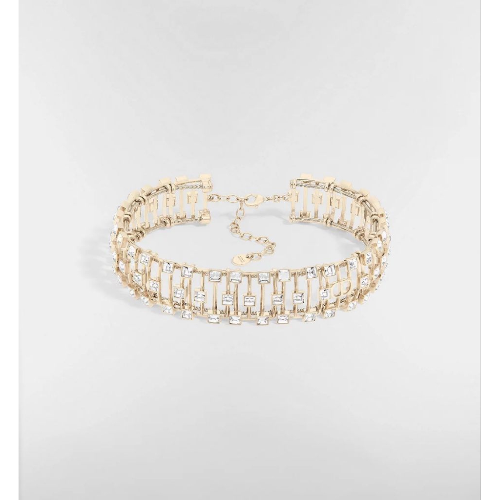 Kalung Dior Deco Choker - Logam dengan Lapisan Emas Pucat dan Kristal Berkilau