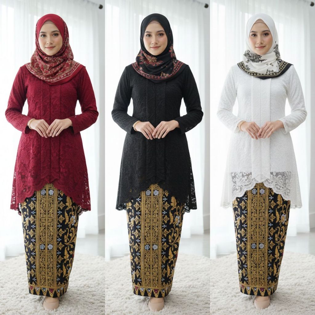 Satu Set Kurung Melayu Wanita Baju Pesta Kondangan Slimfit Pakaian Adat Melayu Malaysia Atasan Kebay