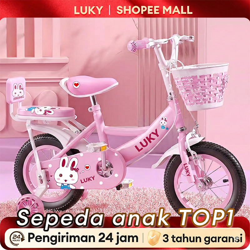 LUKY Sepeda Anak Pink Roda 4 Keranjang 12/16/18 Inci (Usia 2-12 Tahun)