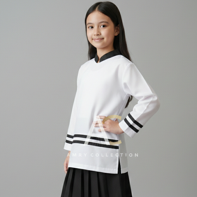 Baju Kurung Muslim Anak Lis Hitam TK SD MI Lengan Panjang Seragam Muslim Anak Perempuan