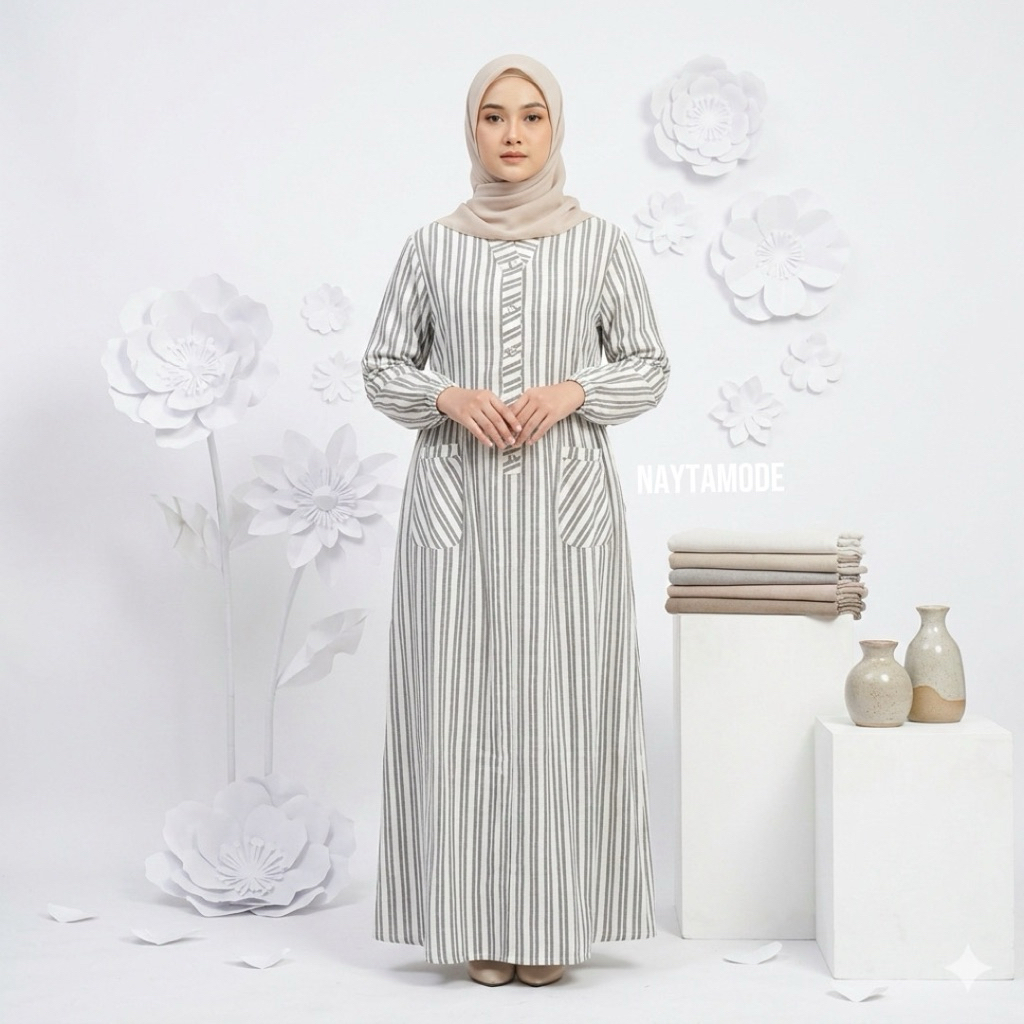 Nayta - Gamis Salur Katun Linen | Gamis Katun Linen | Gamis Salur Kantong Depan Simple dan Elegan | 