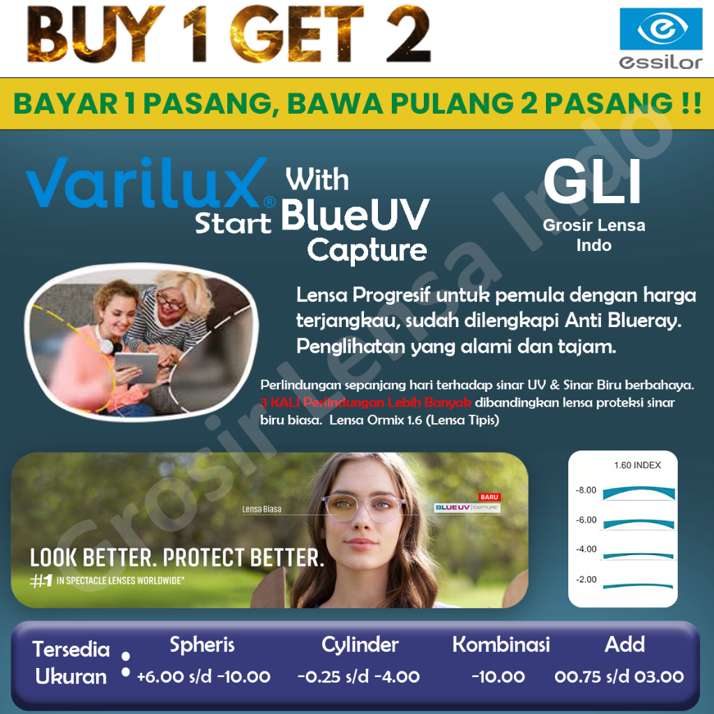 Lensa Kacamata Essilor Varilux Start Blue UV Capture 1.6 Ormix Crizal Easy / Rock / Sapphire